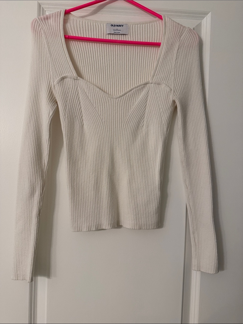 Old Navy Cream Ribbed Sweetheart-Neck Long Sleeve Top